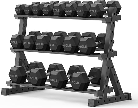 Rubber Encased Hex Dumbbell with 3 tire Rack, Hand Weights with Anti-Slip Cast Iron Grip for Exercise & Fitness, Weights Dumbbells Set of 2 for Strength Training