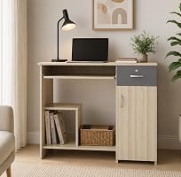 CREATIVE QUBE 45x90x76CM Engineered Wood Study & Office Table with Drawer, Cabinet Storage & Keyboard Tray | Sturdy,...