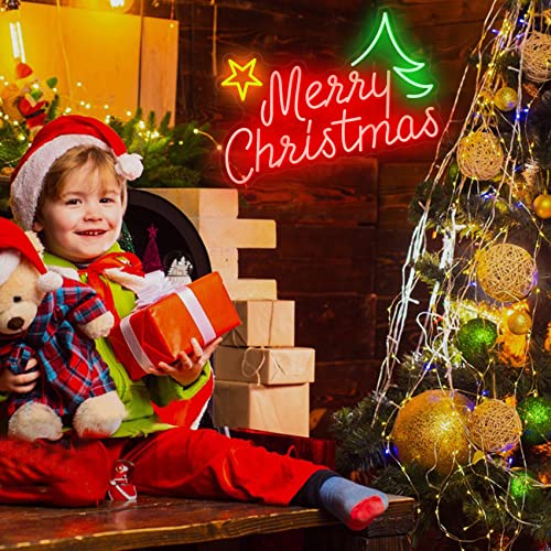 Image of Neon Signs Merry Christmas LED Sign for Christmas Decoration LED Neon Light Signs for Wall Decor House Home Window Balcony Christmas Party 23.62x15.75'' (with Tree and Star)