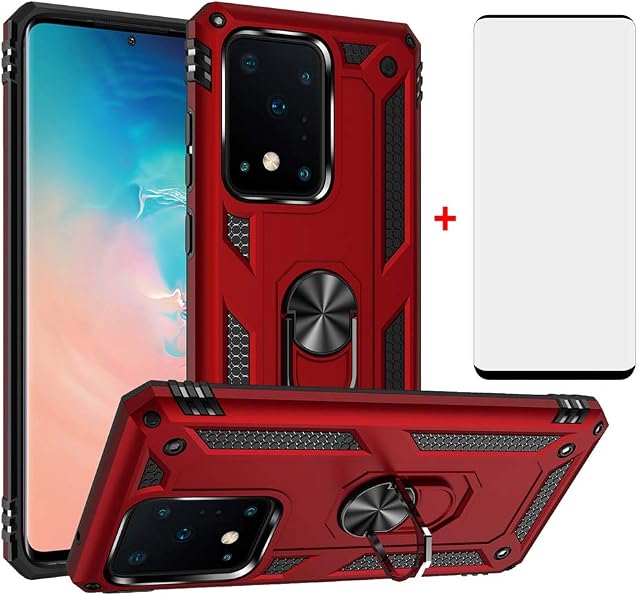 Phone Case for Samsung Galaxy S20 Ultra with Tempered Glass Screen Protector Stand Ring Holder Accessories Heavy Duty Rugged Protective Shockproof Hard Bumper S20Ultra Samsungs20ultra Women 2020 Red