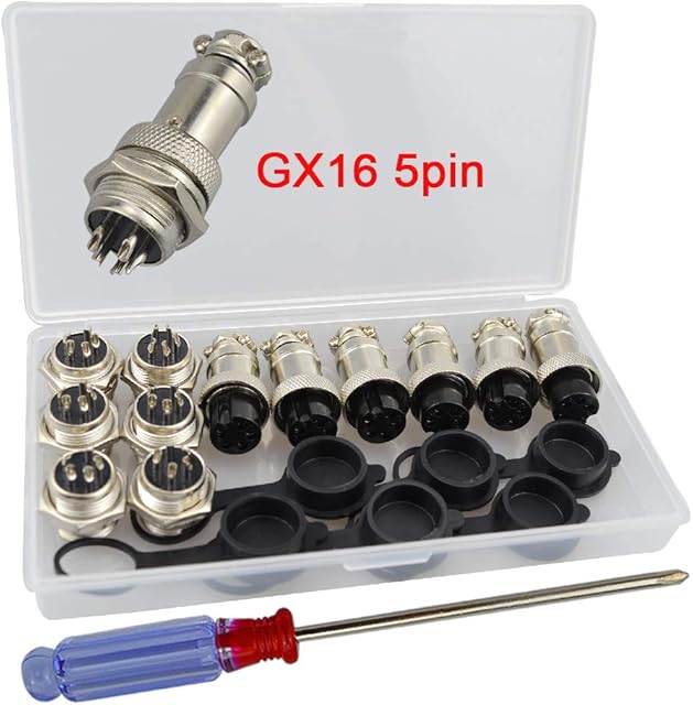 QitinDasen 6Pcs Premium 5 Pin GX16 Aviation Connector, 5A 16mm Thread Male Female Panel Metal Aviation Wire Connector Plug Socket, with Rubber Protector Cap and Phillips Screwdriver