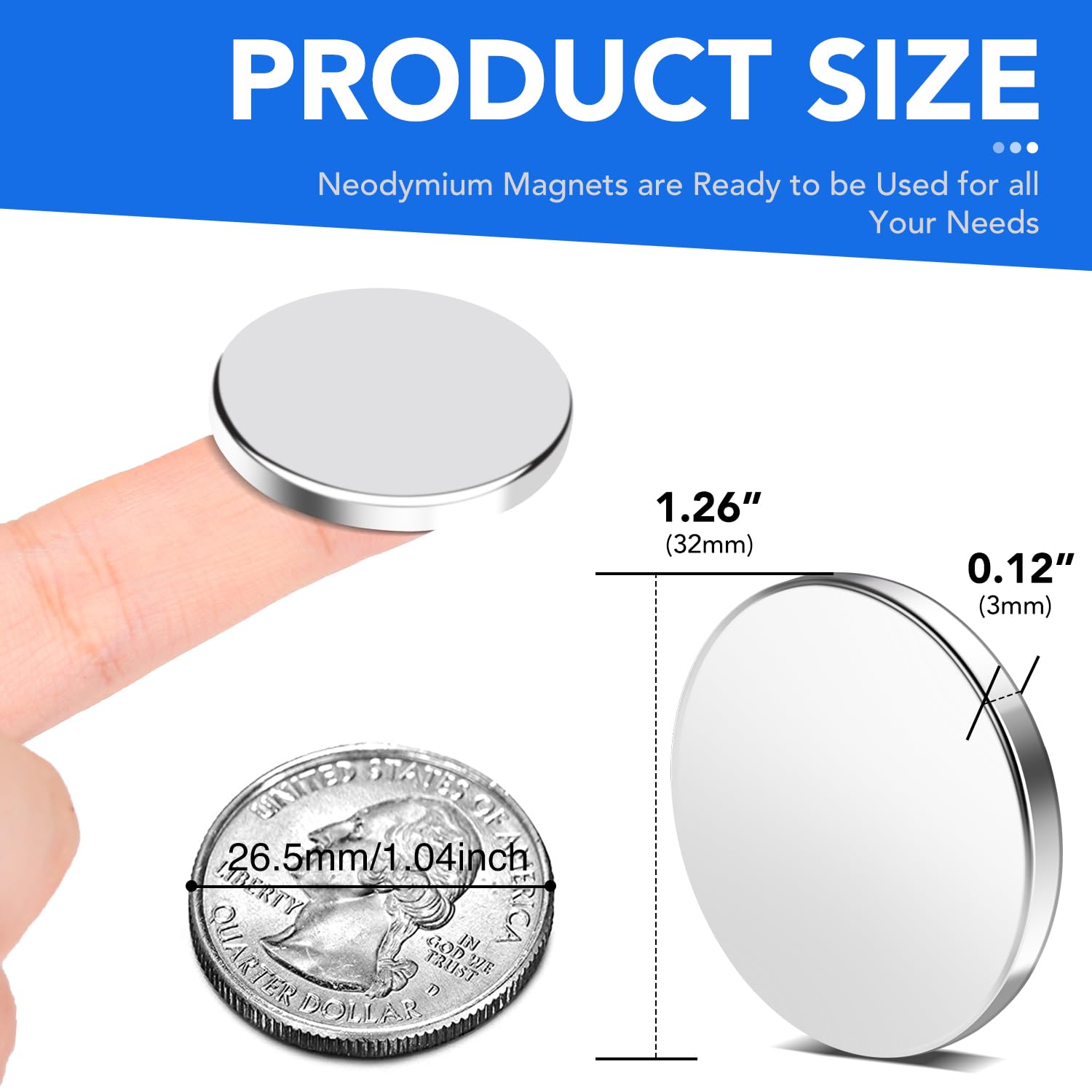 Super Strong Neodymium Disc Magnets with Double-Sided Adhesive, Powerful Permanent Rare Earth Magnet Fridge, DIY, Building, Scientific, Craft, and Office Magnets, 1.26 inch D x 1/8 inch H - 24 Packs