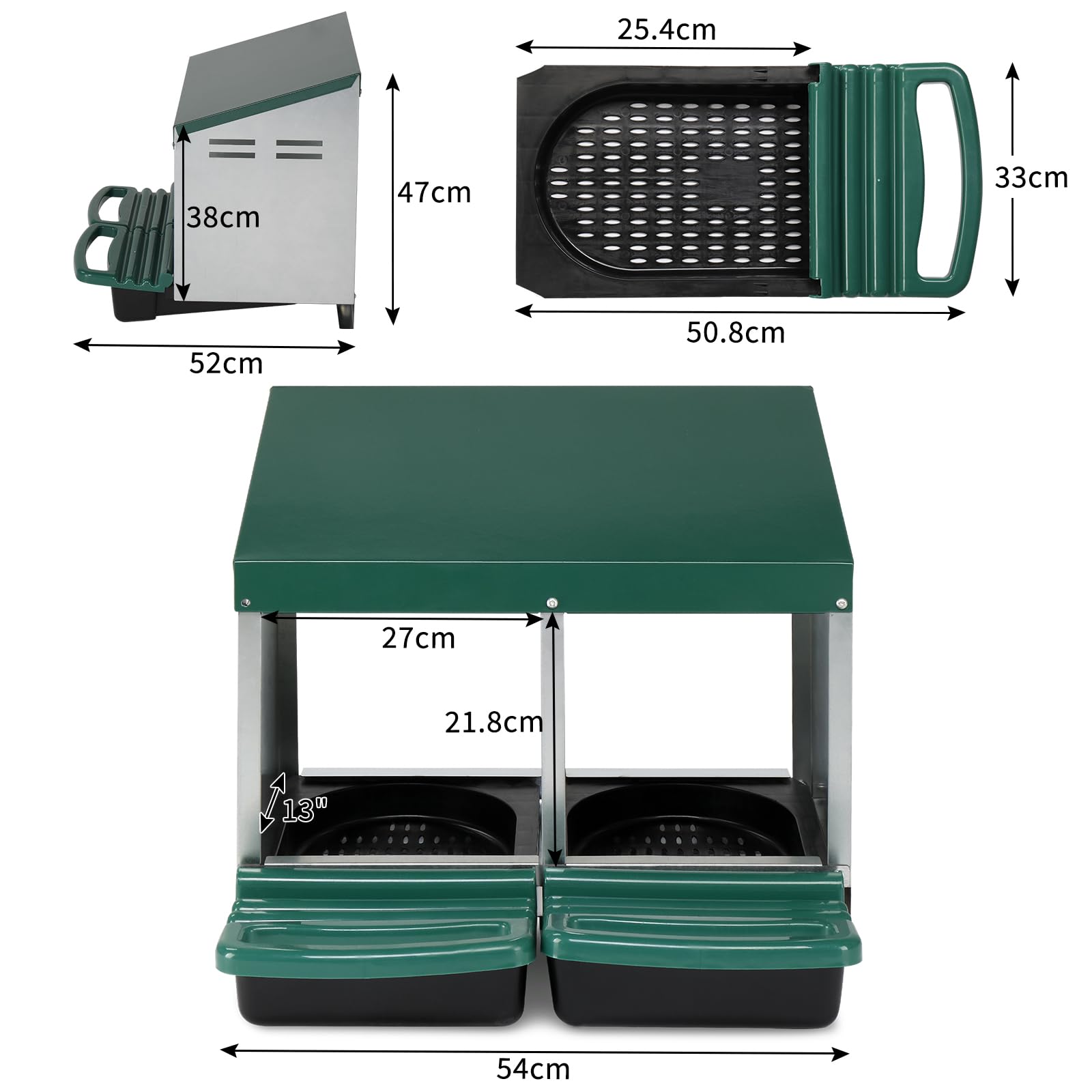LEADZM Pondoir Poules pondeuses 2 emplacements - Poulailler en métal Bac de récupération Ponte, Installation Facile et Collecte des œufs, 54 x 52 x 47 cm, Vert