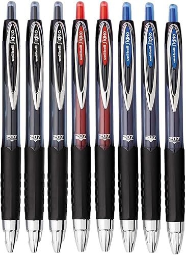 Uni-ball Signo 207 Bolígrafos de gel retráctiles, punta media (0.028in), tinta negra azul y rojo, 8 unidades, paquete con bolsa de plástico