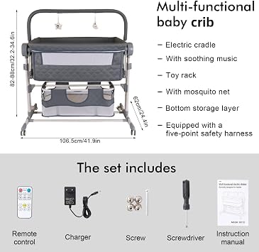 Next To Me Bedside Sleeper Crib, Grey | Fully Adjustable Height, Smooth Rocking Function, With Comfort Mattress For Newborn Babies