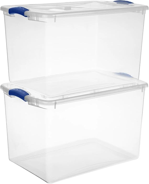 Large Storage Bin with Latch Lid (4 Pack) 66 Quart Clear Plastic Storage Container, Blue Latches, Stackable Bins for Home Organization