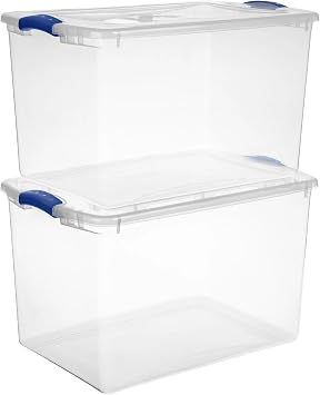 Large Storage Bin with Latch Lid (4 Pack) 66 Quart Clear Plastic Storage Container, Blue Latches, Stackable Bins for Home Organization
