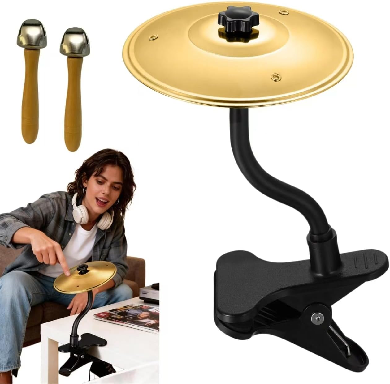 Clip-On Desktop Cymbal – Gold-Tone Desktop Percussion Gadget for Instant Stress Relief, Easy to Install, Fits Any Desk Edge Securely – A Fun Gift for Work or Study Breaks