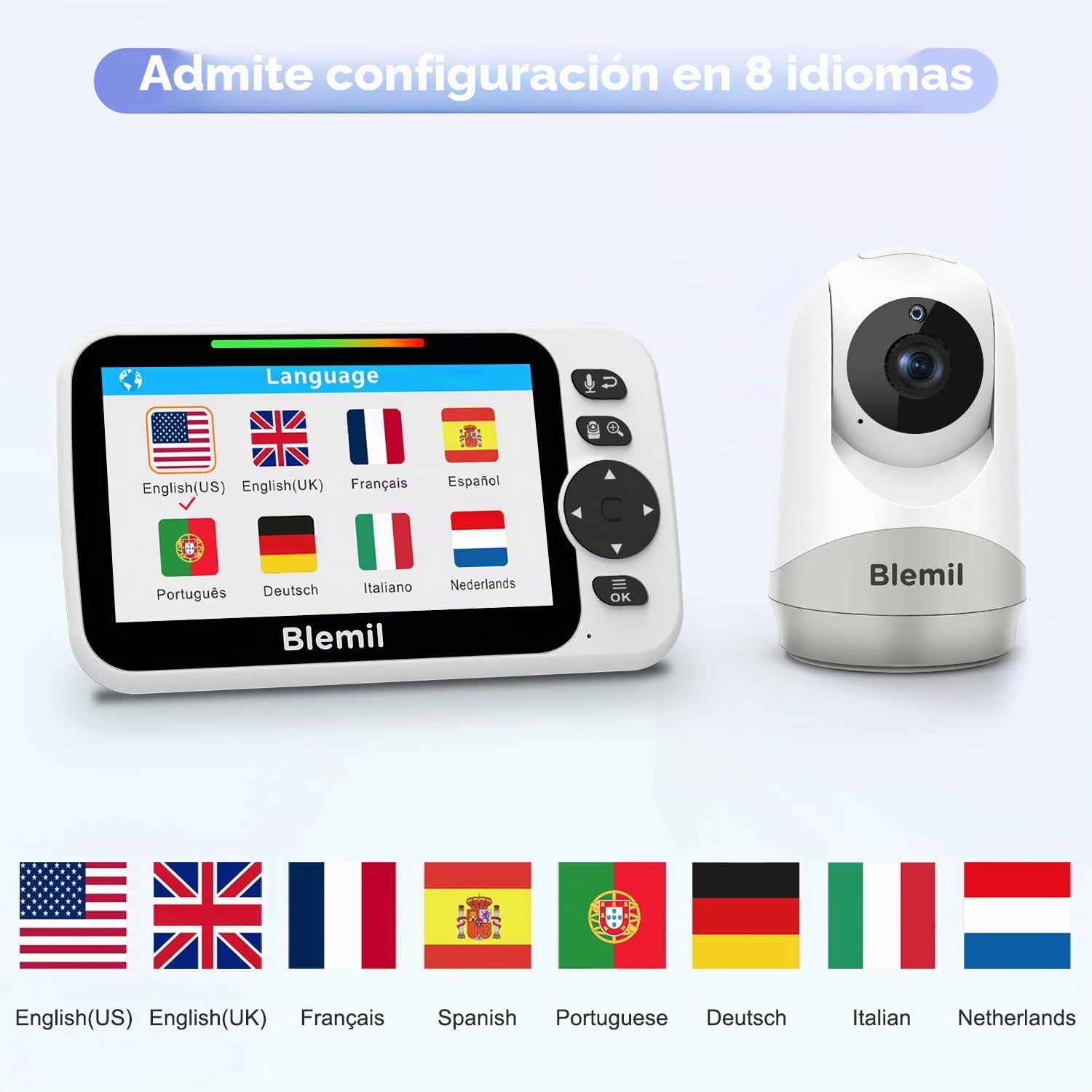 Blemil Monitor de bebé 5 Pulgadas, versión Mejorada con Pantalla Dividida – Vídeo Monitor de Gran tamaño con visión Nocturna | Cámara con Control Remoto de panorámica/inclinación/Zoom | Sin WiFi