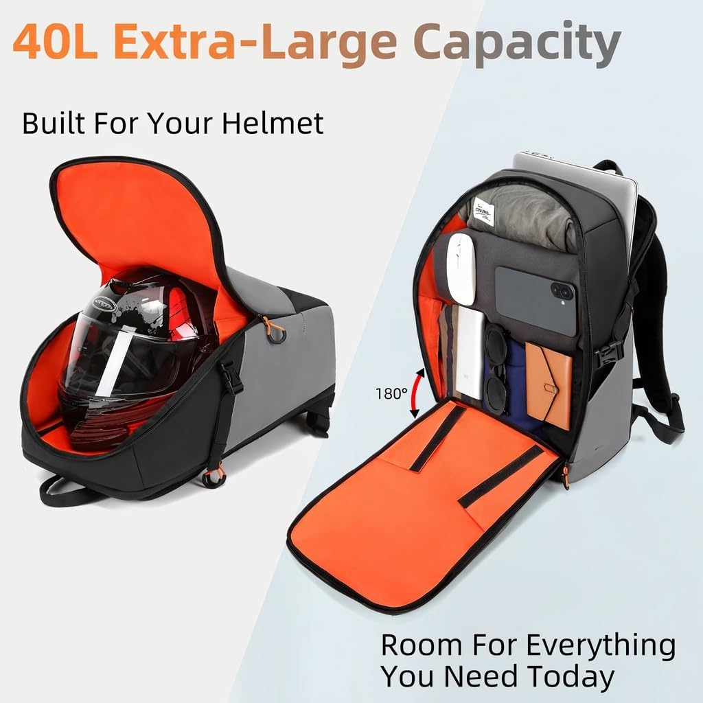 Motorcycle Helmet Backpack with Rain Cover, 40L Waterproof 1680D Oxford Fabric Helmet Backpack, Reflective Strips & Laptop Compartment for Long Distance Travel, Commuting, Work & Gym