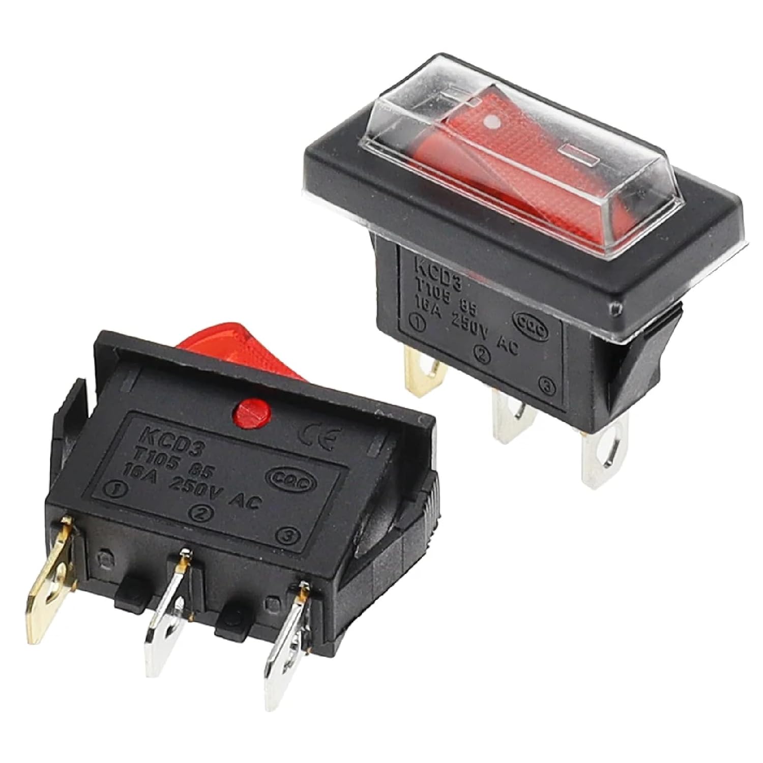 KCD3 Rocker Switch SPST ON/Off, 15A 220V 125VAC, Red LED Light Indicator, 2-3 Position Toggle Switch, Copper Material, RoHS CE Certified