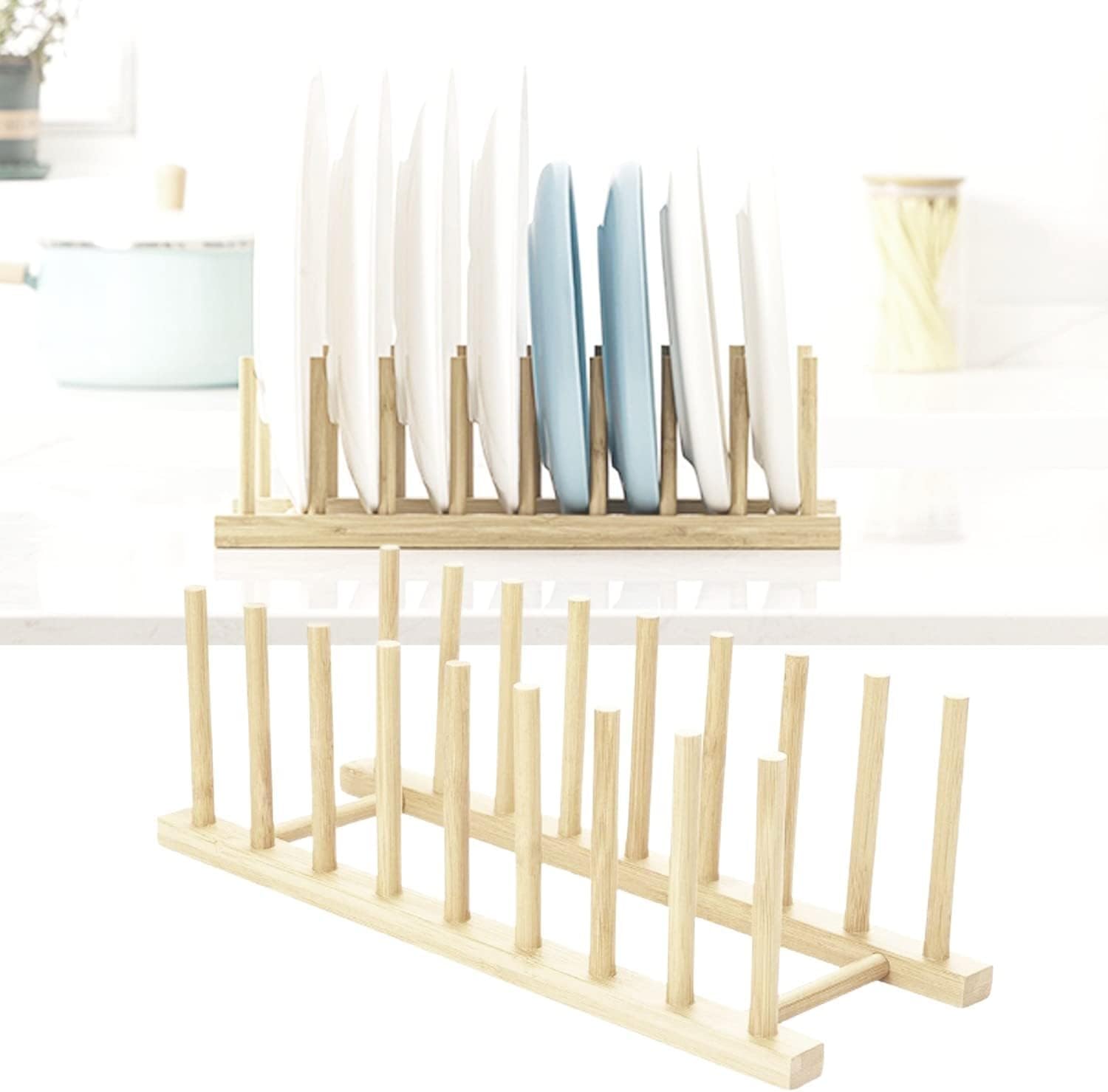 8 Rack Bamboo Wooden Plate Stand Rack for Kitchen, Wooden Dish Rack Stand, Dish Drainer Storage Plate Holder, Bowl Wooden Utensil Organizer, Rack for Books Tray Holder