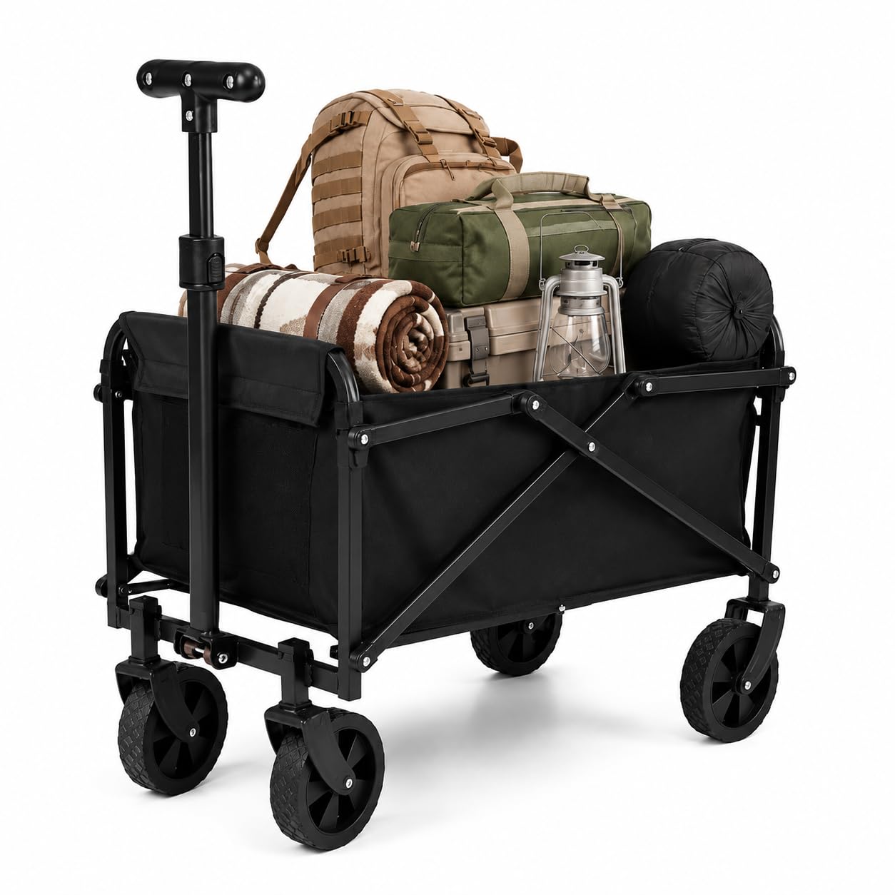 Folding Trolley With Wheels, Collapsible Foldable Wagon Portable Camping Cart Festival Utility Cart Heavy Duty Wide Wheels Adjustable Handle for Beach Outdoor Garden Picnic Shopping Fishing, Black — image 1