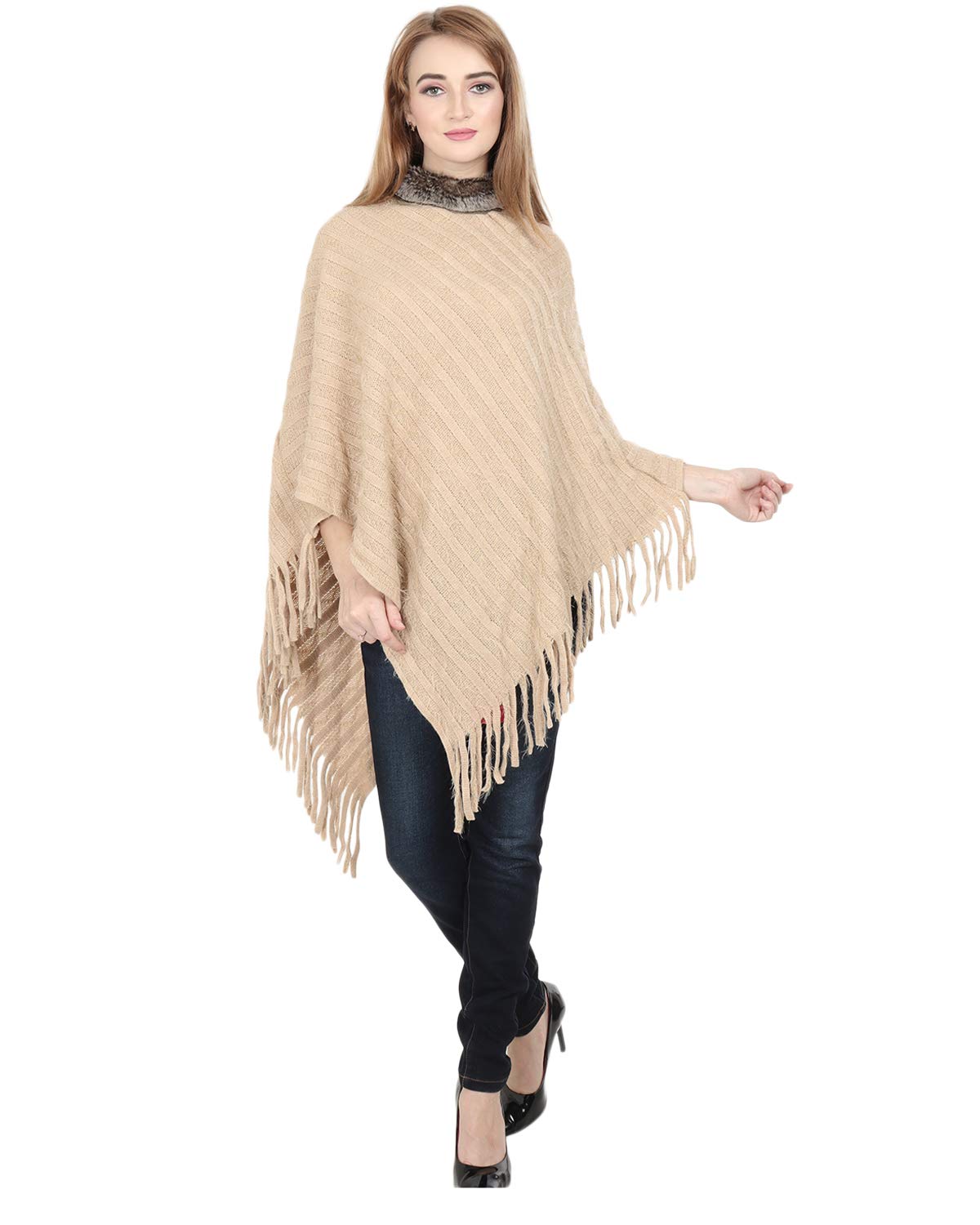 matelco Women's Woollen Poncho with Fur Collar-picture-17