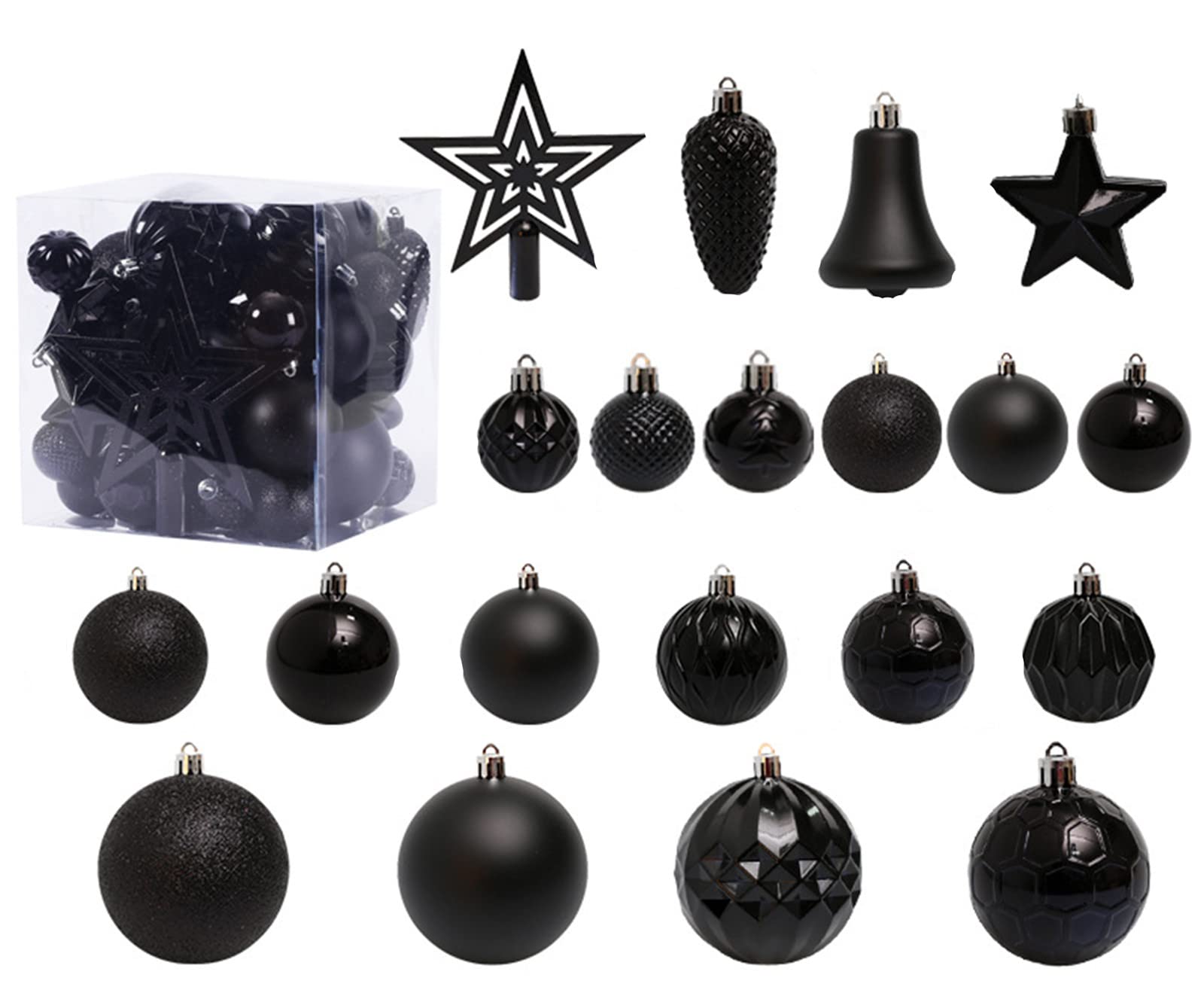 Fouriding 45pcs Christmas Ornaments Set, Shatterproof Plastic Baubles Balls Hanging Decorations for Xmas Tree Wreath, Garland (Black)