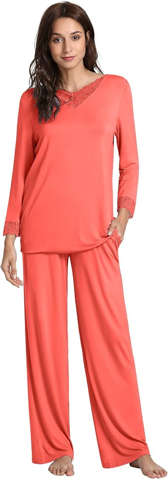 WiWi Bamboo Viscose Pajamas for Women Set 2 Piece Lace Trim Long Sleeve Womens Pajama Sets Plus Size Pjs with Pockets S-4X