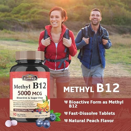 Elixeed Vitamin B12 5000Mcg, Methylcobalamin, Most Bioactive Form, 90 Fast Dissolve Tablets, Blood Function | Energy Production | Nerve System, Natural Peach Flavor, Vegan, Non-Gmo #TOP2