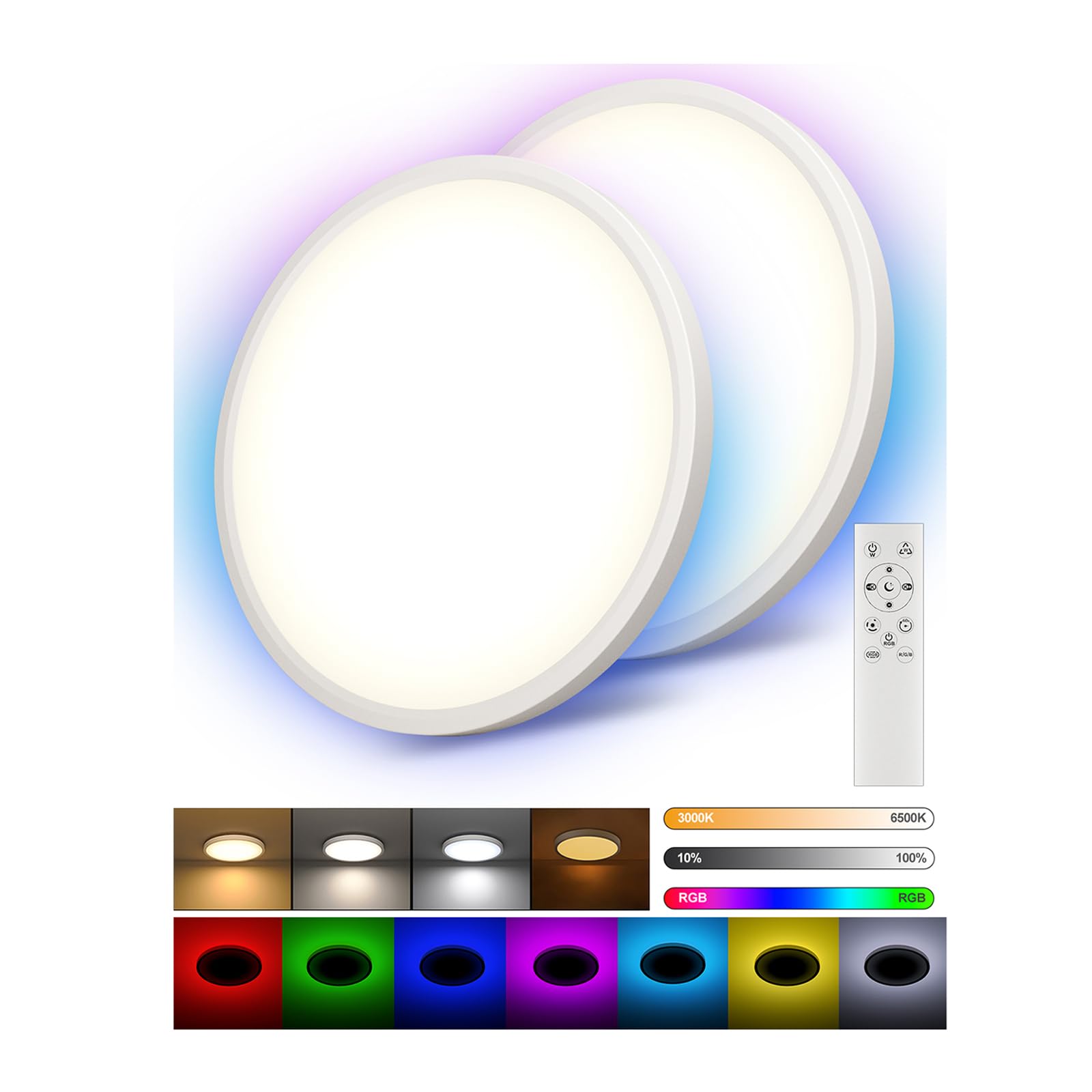 2 LED Dimmable RGB Ceiling Light with Remote Control Colourful Backlight | Flat Round Lamp 30 cm 24 W 2640 LM, CCT 3000-6000 K Coloured IP44, Wet Room Bedroom Teenager's Room Bathroom Children's Room-image-1