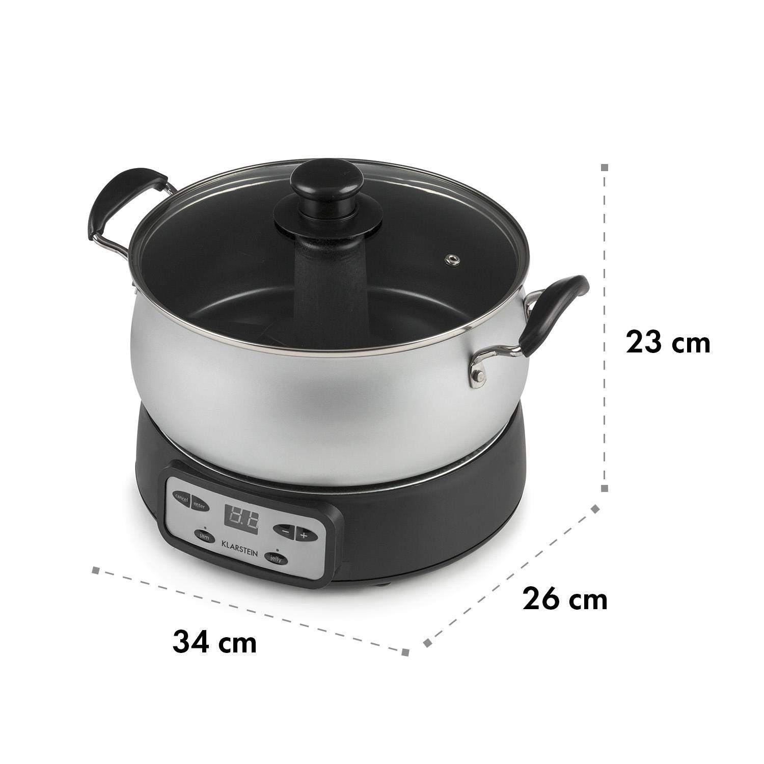 Klarstein Jam Session - confiturier et cuiseur de gelées, 1000 watts, 2 programmes automatiques, 3 litres de capacité, Durée de cuisson réglable, cuve est lavable en machine - argent