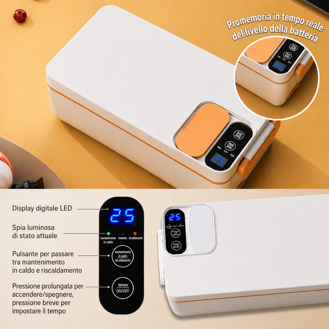 Contenitore per il pranzo elettrico, senza fili, 1 l, con batteria, 12000 mAh, riscaldabile, portatile, in acciaio inox, con display e timer, per lavoro, ufficio, auto, campeggio