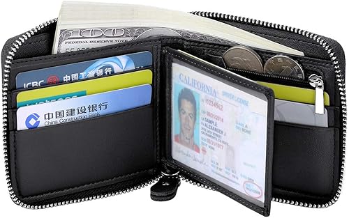 Miniatura 2 de Cartera de cuero con cremallera para hombre, con bloqueo RFID, con cremallera alrededor de la cartera, plegable, con múltiples tarjeteros