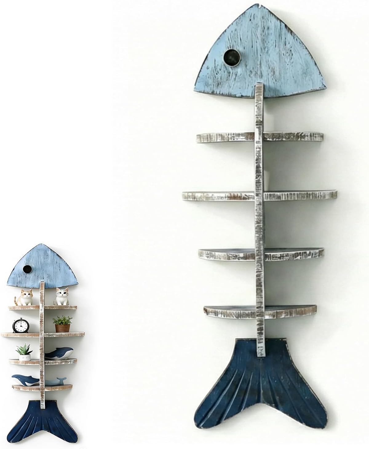 Rustic Wooden Fish Floating Shelf, Unique Fishing Decor Wall Mounted Organizer, Coastal Nautical Display Shelf for Lake House, Bathroom & Living Room