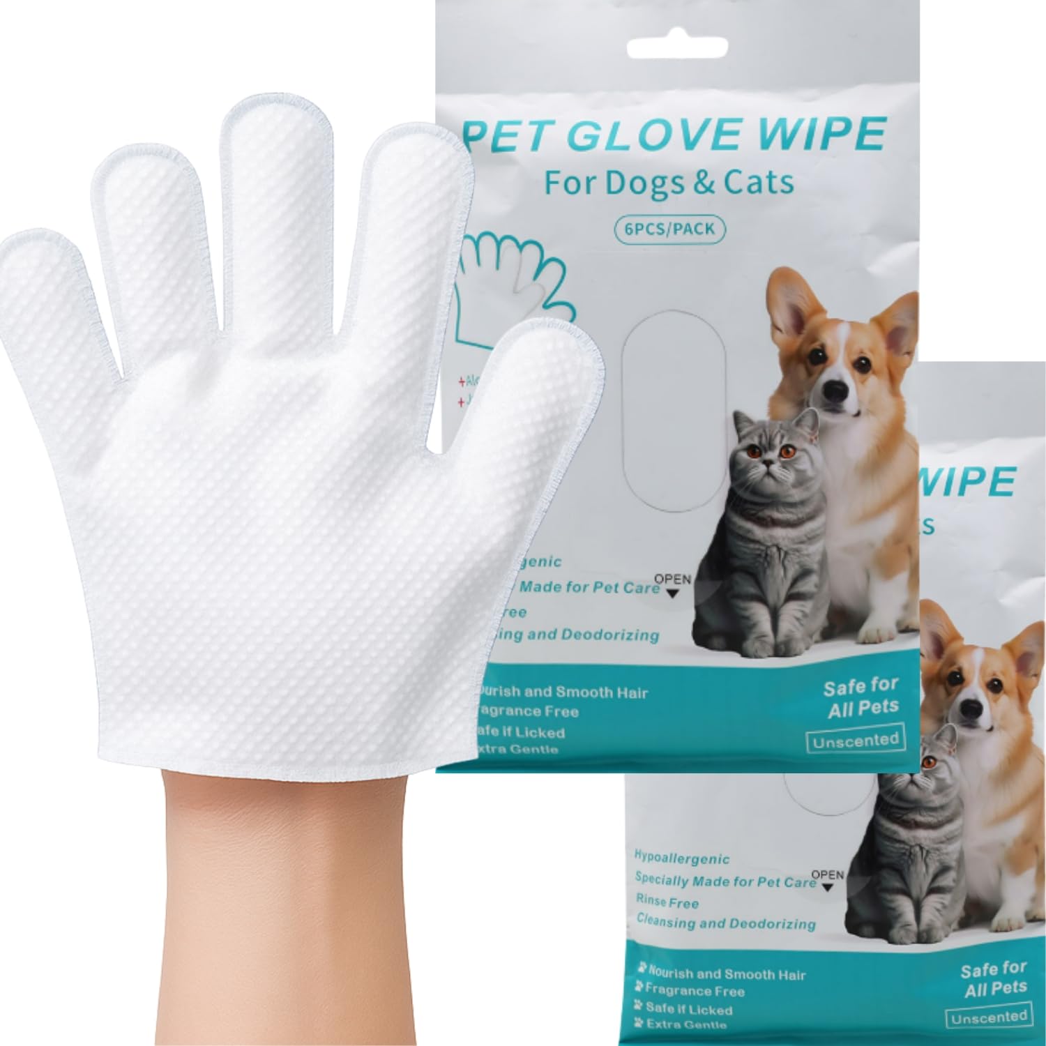 Guantes de aseo desechables para perros, gatos y mascotas – Paquete de 12 | Guantes de lavado hipoalergénicos sin enjuague con aloe y jojoba | Limpian, desodorizan | Sin fragancia – forma de la mano