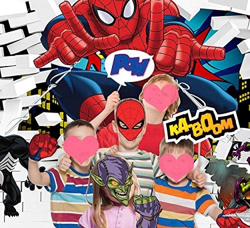 White Brick Wall Spiderman Photo Background Polyester Superhero Cityscape Spider Web for Children Baby Boys Birthday Party Banner Decorations Baby Shower Supplies (7x5 Ft)