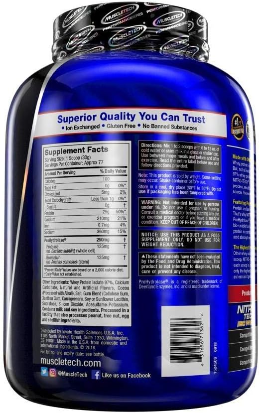 Whey Protein Isolate | MuscleTech Nitro-Tech Elite 100% Whey Isolate Protein Powder | Whey Protein Powder for Women & Men | Muscle Builder | Chocolate Protein Powder, 5 lbs (77 Servings)