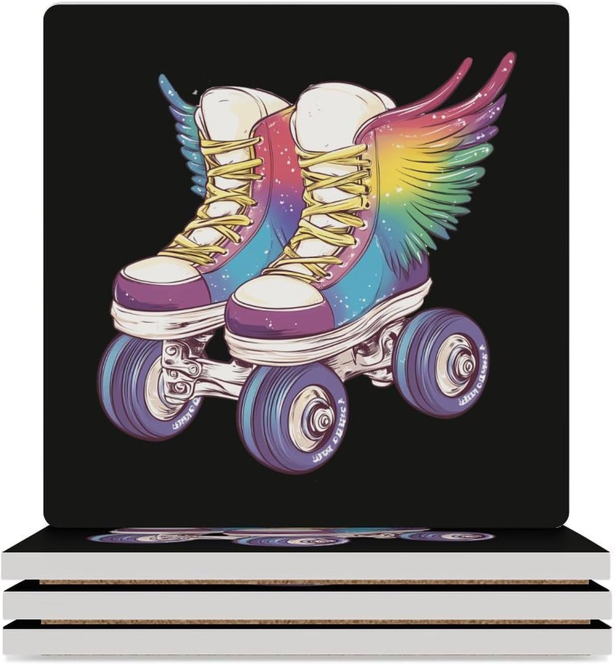 Rollers-Skates Skating Coasters for Drinks Square Table Coasters Set Cup Mats with Cork Base