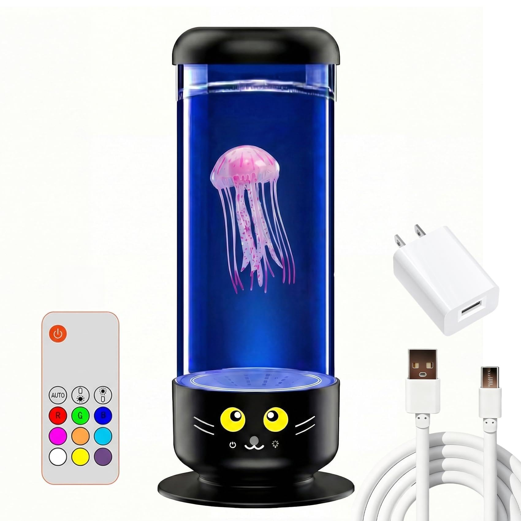 Jellyfish Lamp - 9in Mini LED Color-Changing Jellyfish Light with Remote Control, 7 Colors, Silent Motor - Perfect for Bedroom and Office Decor, Ideal for Kids and Stress Relief (Black)