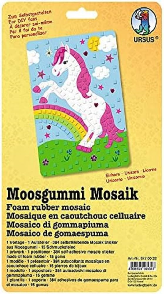 Ursus Moosgummi Mosaik Einhorn – 384 Moosgummi Sticker in 6 Farben, ca. 23 x 16 cm