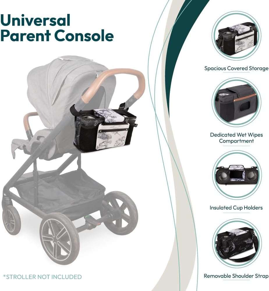 WONDERFOLD Universal Parent Console Stroller Organizer with Insulated Cup Holders, Hook & Loop Closure Handle Attachment, 2 Storage Pockets, Removable Shoulder Strap for Easy Transport