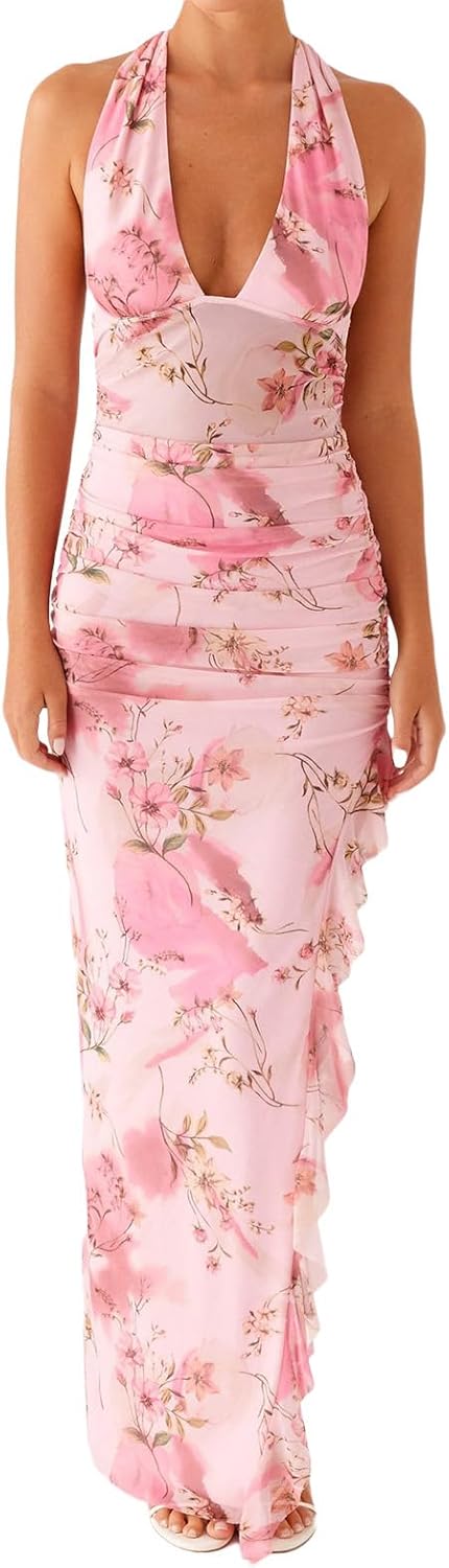 strapless open back dress Soft Pink Garden Scarf V Neck Midi Dress main image 0