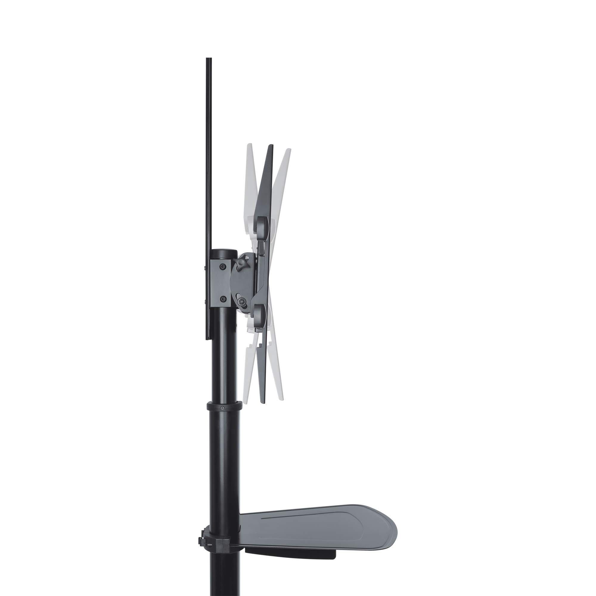 PureMounts TV Standfuß rollbar 37–70 Zoll VESA 600x400 höhenverstellbar | Standfuß mit Kameraablage, Ablageboden, Kabelmanagement, Rollen und neigbarer Halterung für flexible TV-Montage.