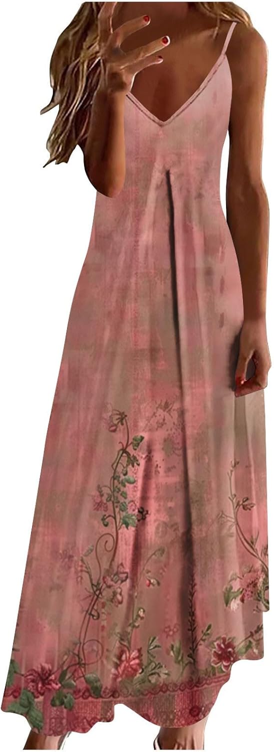 Women's Maxi Summer Dress Spaghetti Strap Long Flowy Vacation Dresses V Neck Floral Sundress Comfy Trendy Beach Dress