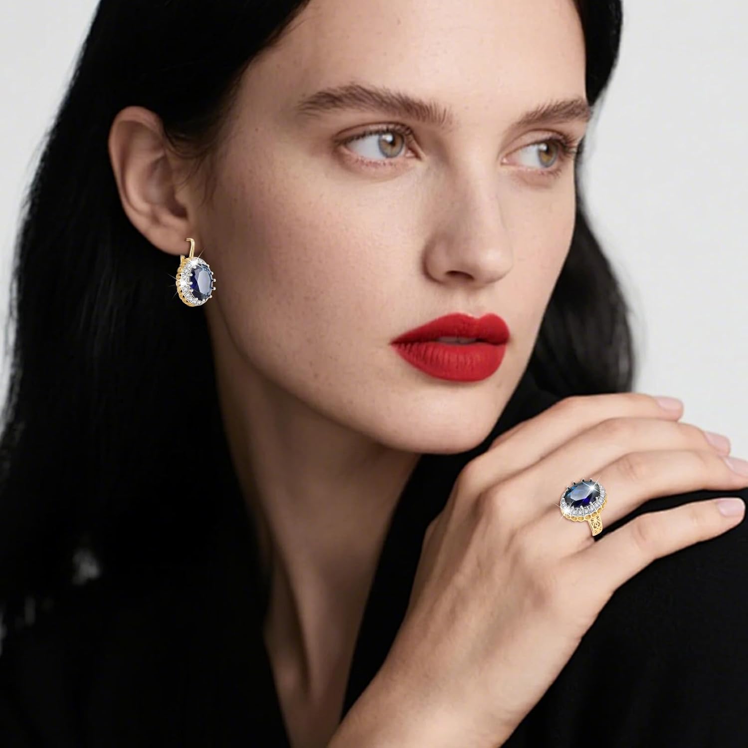 Richapex Jewelry Set for Women, 18k Gold Hoop Earrings Ring Set, Sapphire Earrings Ring Set, Prom Party Jewelry Gift for Mother Friend Wife