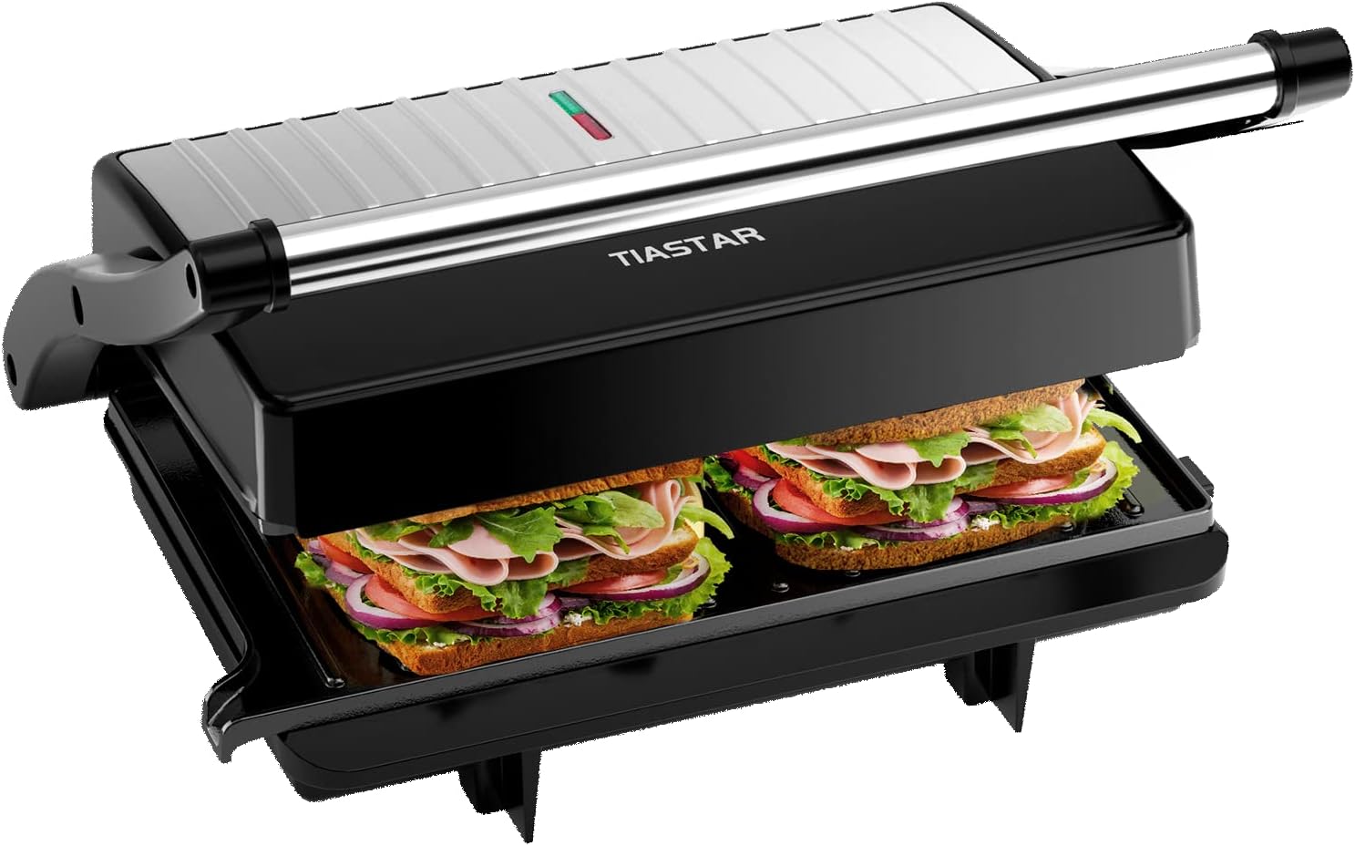 Tiastar Griglia Elettrica 1000W, Piastra per Panini Sandwich Maker con Piastre Antiaderenti, Espandibile a 180 Gradi Tiastar Griglia Elettrica 1000W, Piastra per Panini Sandwich Maker con Piastre Antiaderenti, Espandibile a 180 Gradi