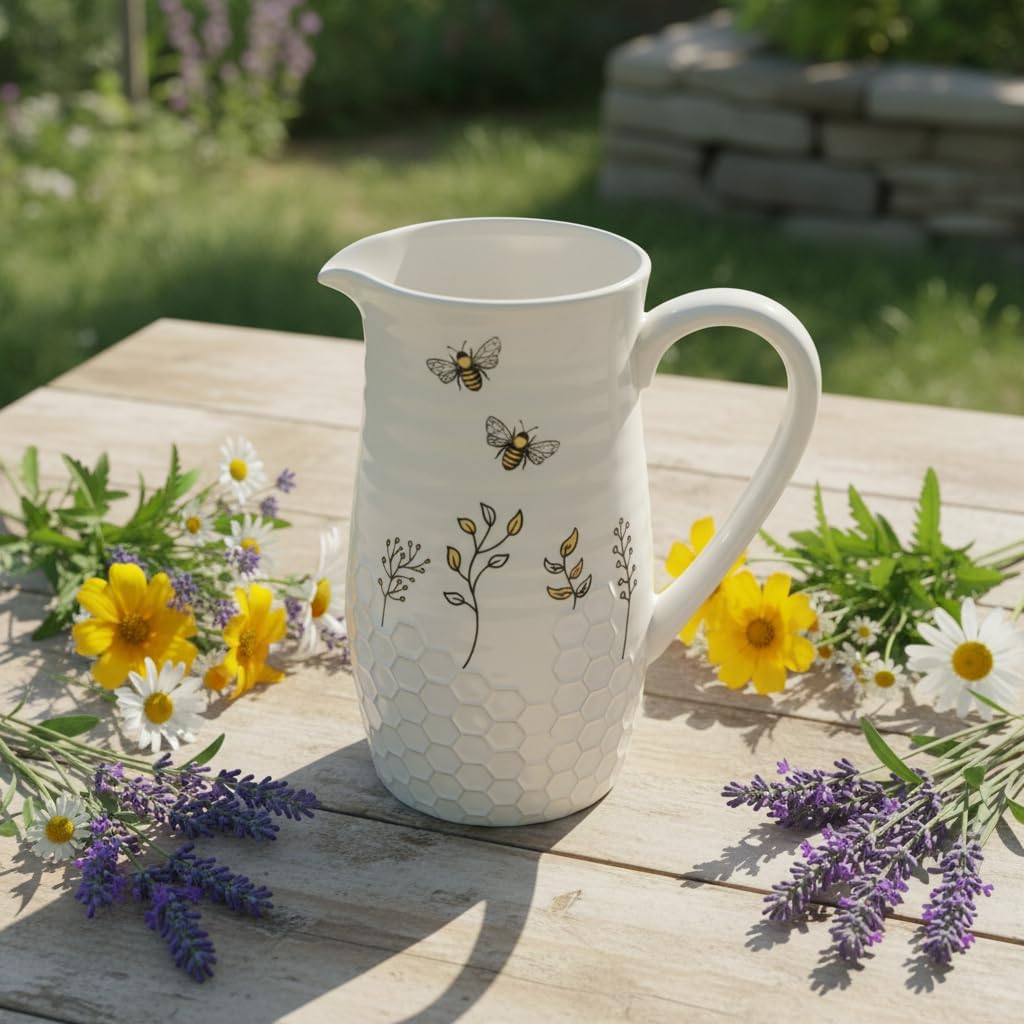 Young's Inc Honey Bee Ceramic Water Pitcher/Vase,Bee Farmhouse,Rustic Decor for Kitchen,Dining Accessories,8 Inch