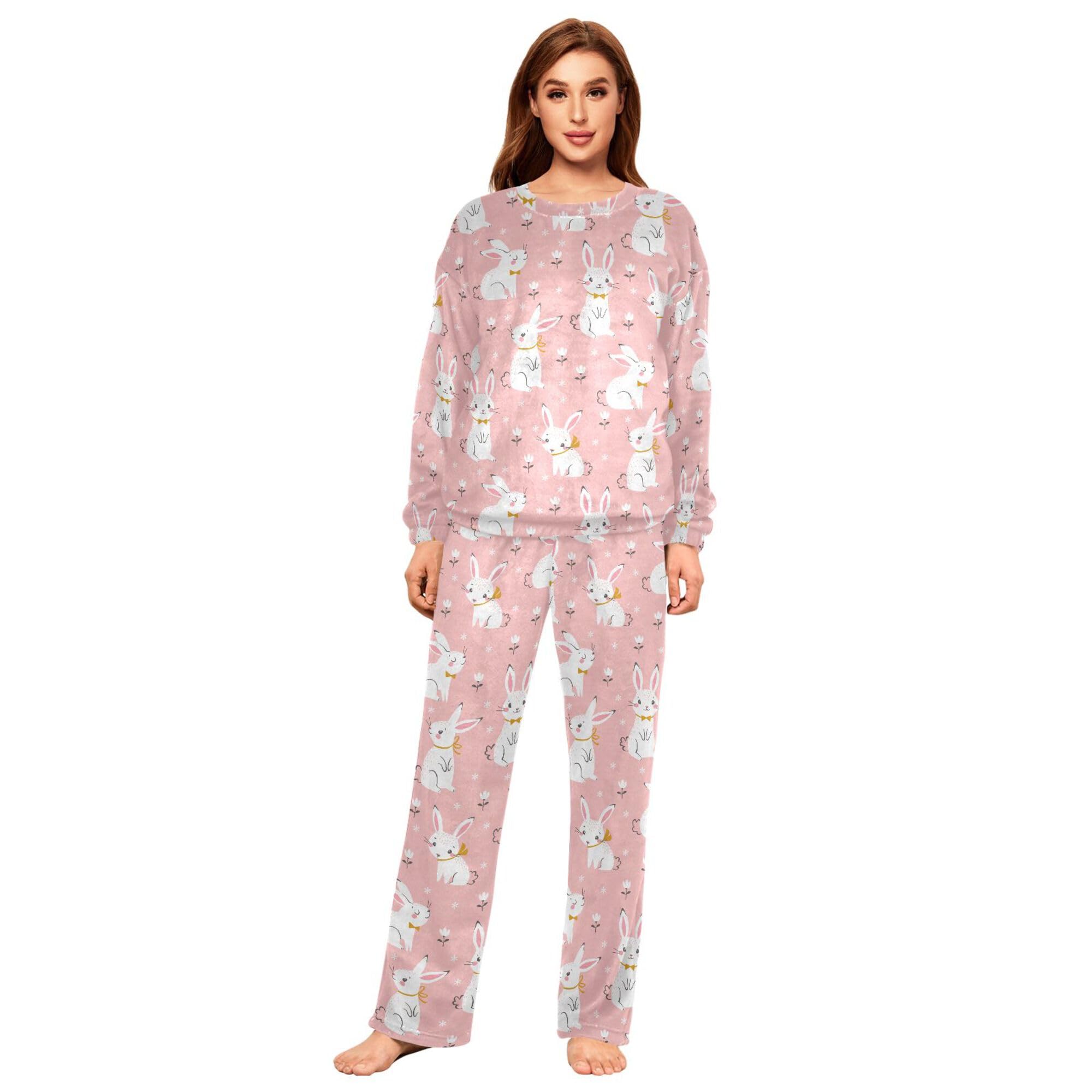 ALAZA Conjunto de pijama de forro polar para mujer, diseño de koala de dibujos animados, manga larga, ropa de dormir de dos piezas, ropa de dormir térmica, pijama súper suave, talla S