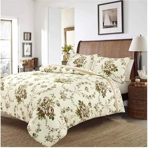 H2 Linen 100% Brushed Cotton Olivia Flannel Duvet Cover Double - Flannelette Natural Duvet Cover Sets with Pillowcases - Floral Quilt Cover Reversible Bedding Set