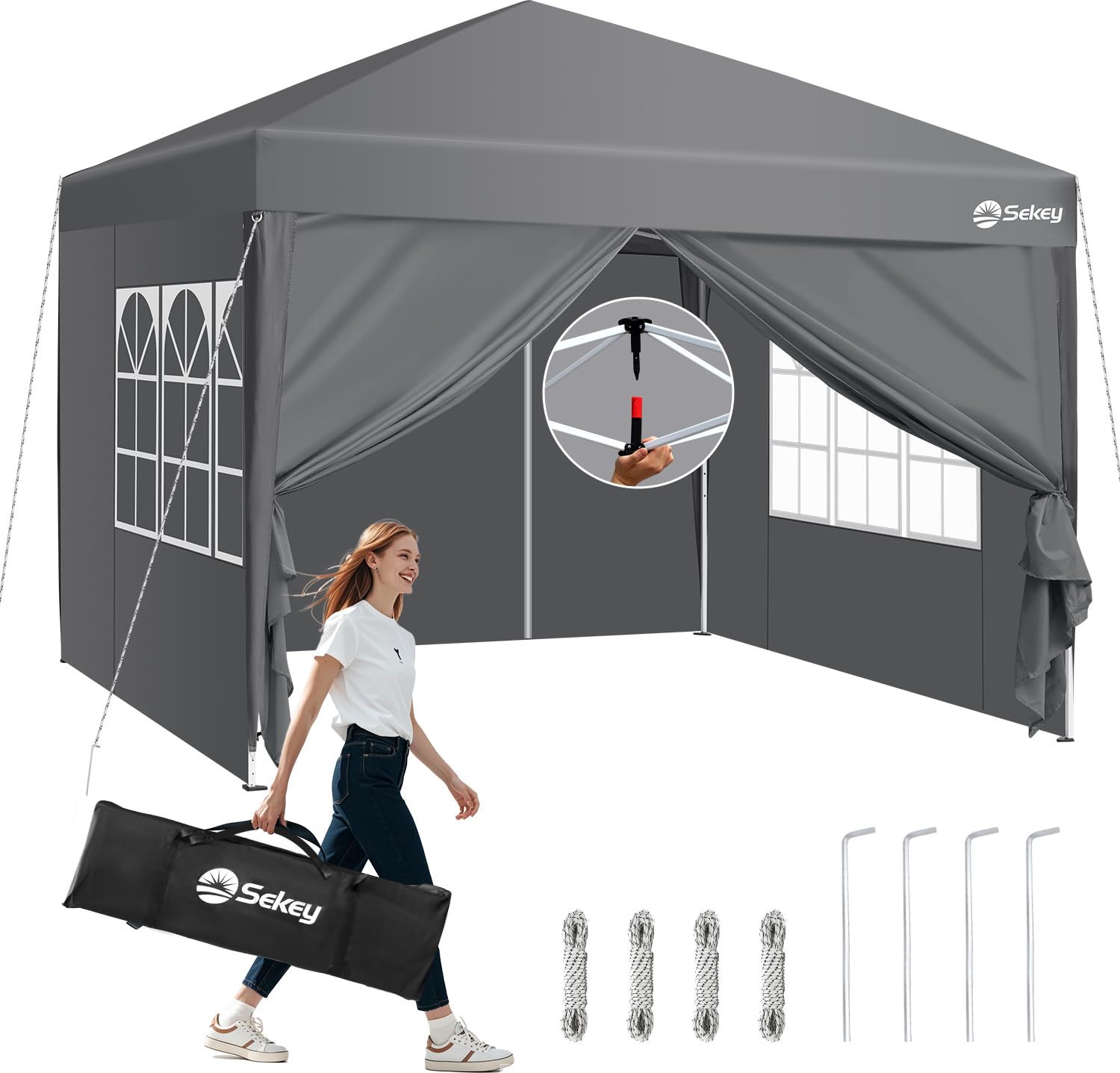 Sekey 3m x 3m One-Touch Pop Up Gazebo with Sides – Instant Setup, Heavy Duty Frame, Waterproof 1000mm, Stable & Windproof, Ideal for Garden, Patio, Parties & Outdoor Events (Grey, 3x3 with Sides) — image 1