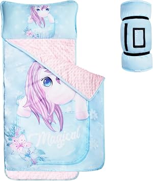 Toddler Nap Mat with Pillow and Minky Blanket,Rollup Design Kids Sleeping Mats for Preschool,Ultra Soft Slumber Bags for Daycare