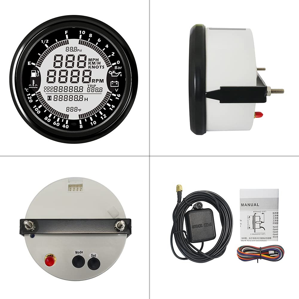 ELING Multi-funcional GPS Velocímetro Tacómetro Hora Temperatura del agua Nivel de combustible Presión del aceite Voltímetro 12V 10Bar 85mm Con luz de fondo
