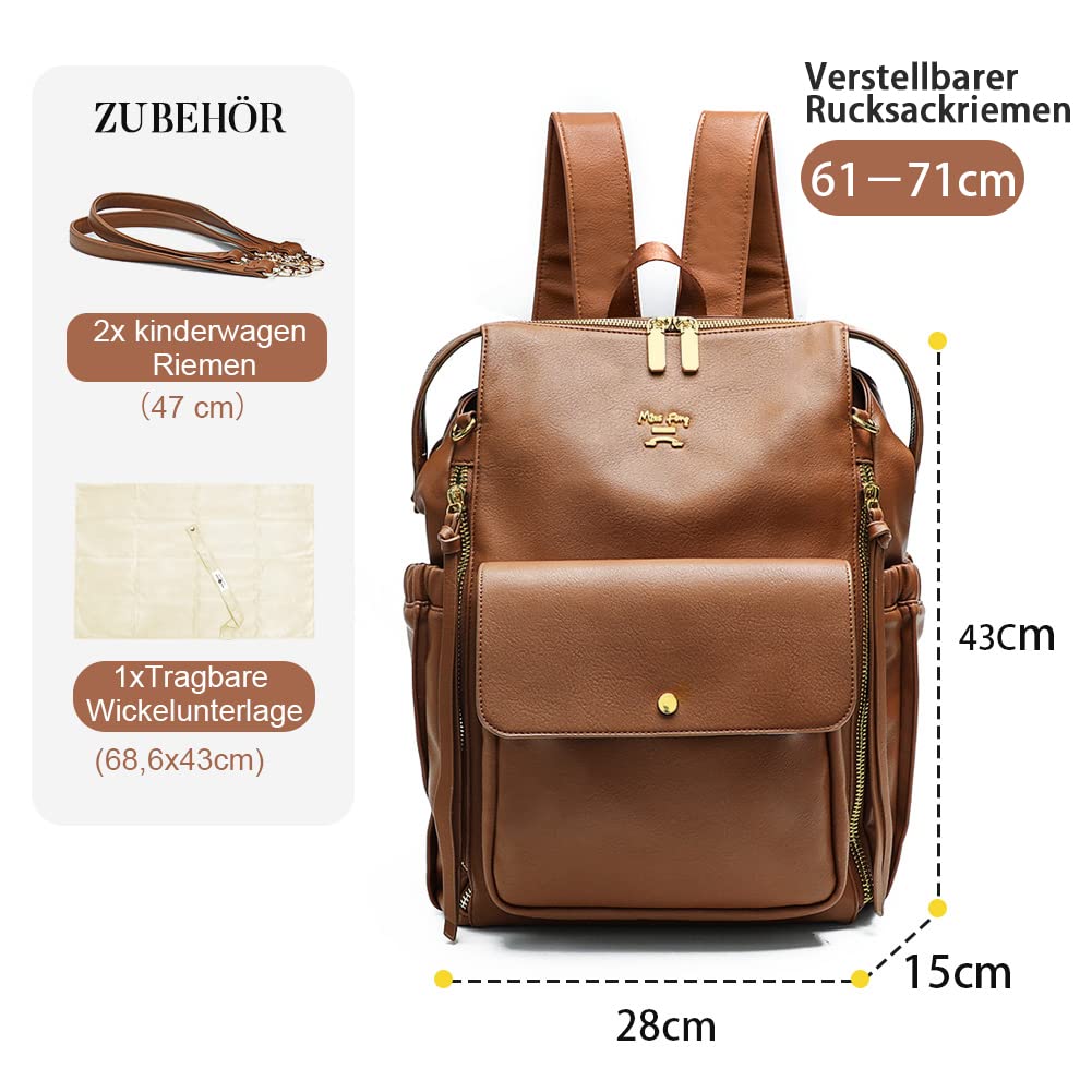 MISS FONG Wickelrucksack Wickeltasche Babytaschen Rucksack Groß Leder Baby Rucksack Kinderwagen Mom Mummy Bag Windeltasch Mit Wickelunterlage Unterwegs Schwarz Lässig Braun