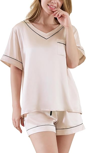 THXSILK 19Momme Mulberry Silk Pajamas for Women Set, 2 Piece Pj sets with Pockets, Short Sleeve Lounge Set
