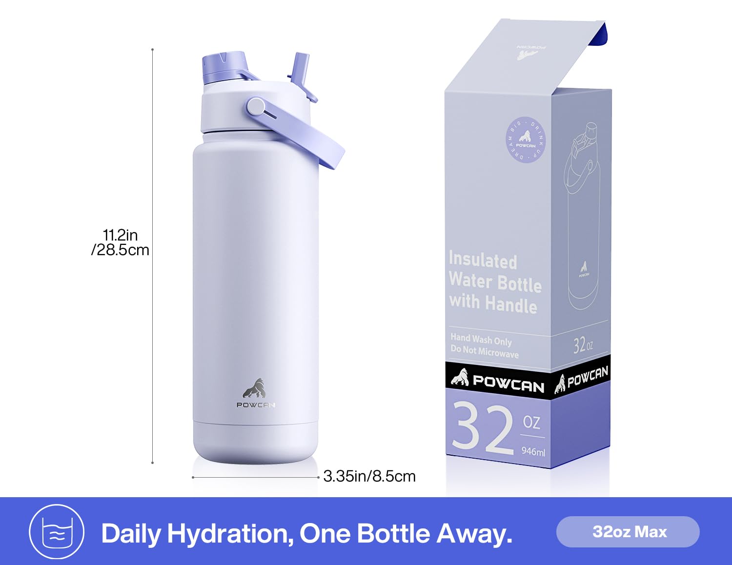 POWCAN Borraccia termica da 940 ml, con cannuccia 2 in 1 e coperchio con beccuccio, mantiene il freddo fino a 24 ore, a prova di perdite, senza BPA, a doppia parete, in acciaio inox, per sport