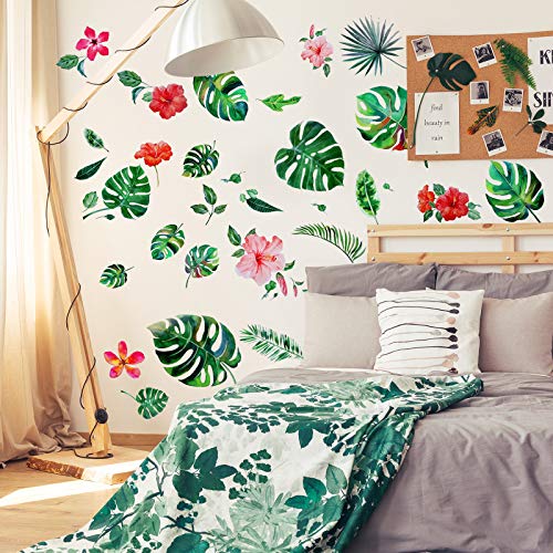 66 Pieces Large Palm Leaves Wall Decals Tropical Hibiscus Flower Peel Removable Stickers Green Plants Fresh Leaves Stickers For Kids Baby Diy Bedroom Living Room Office Bathroom Wall Corner #TOP6