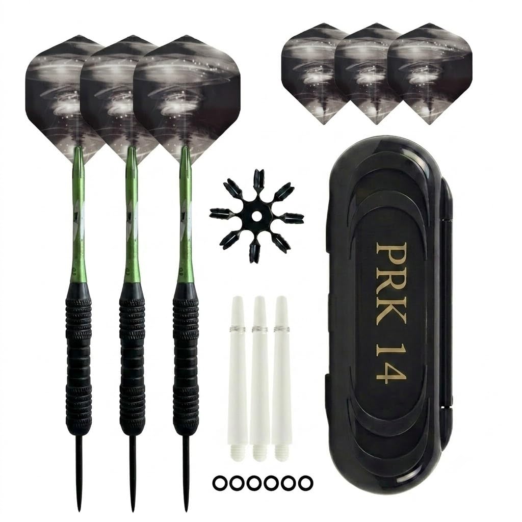 PRK 14 Professional Darts Set - 3 x 22g Black With Green Aluminum Shaft and Black Smoke Flights Steel Tips in Travel Case with Accessories O-Rings Stems and Spare Flights