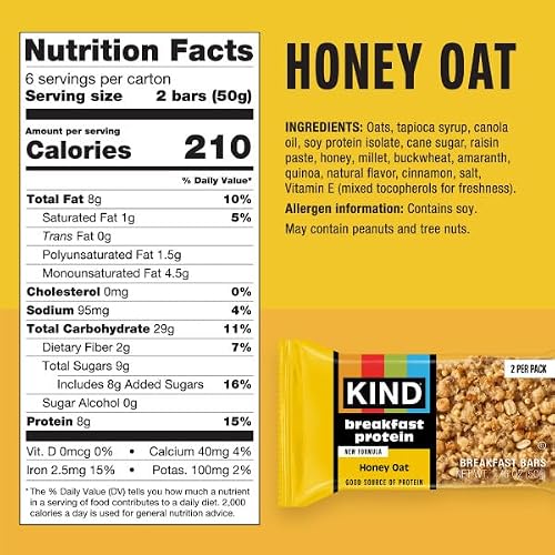 KIND Breakfast Protein Bars, Honey Oat, 8g Protein, Gluten Free, 30 ct